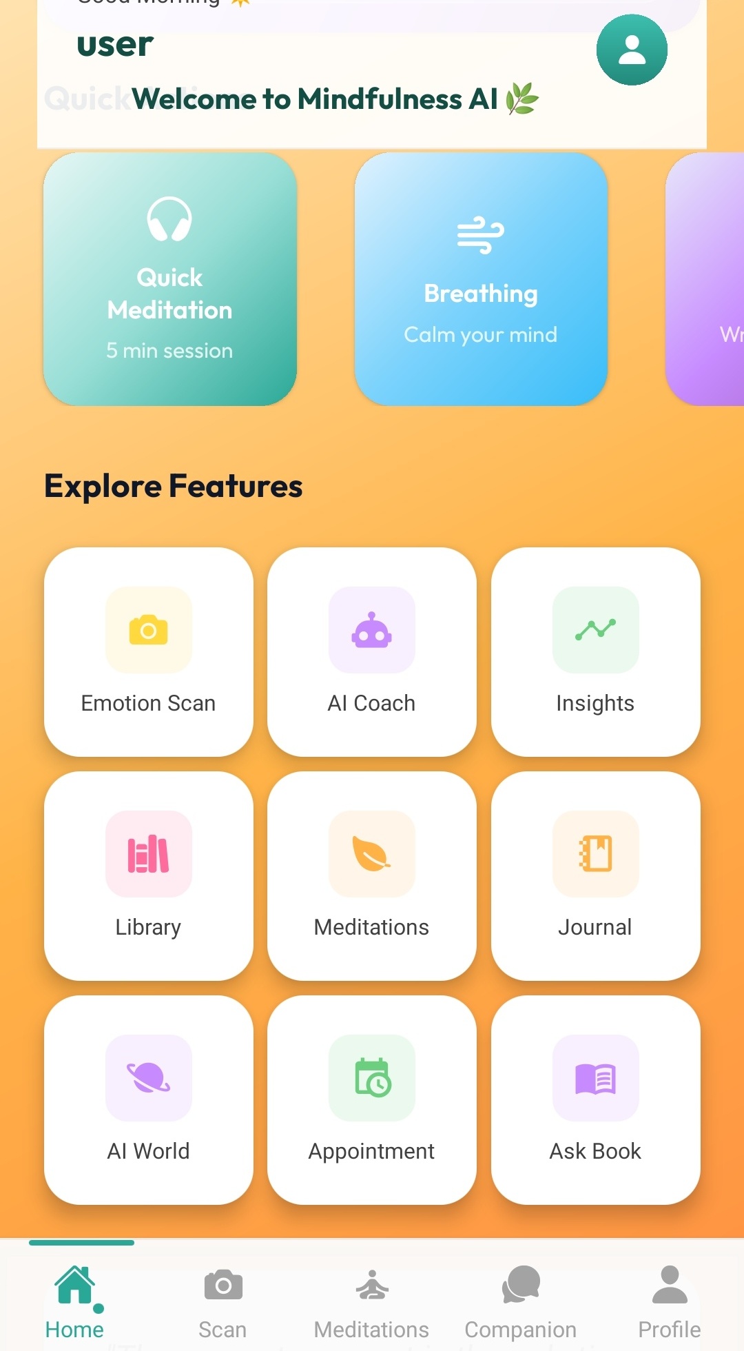 Mindfulness AI daily check-in and insights screen
